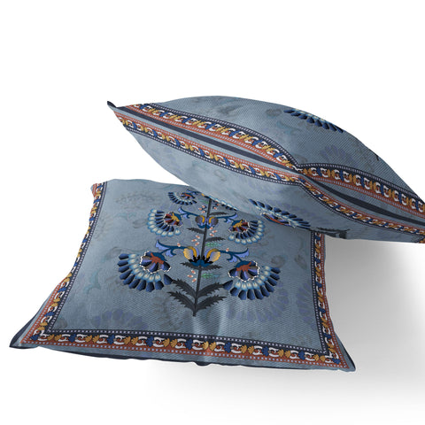 Set of Two 16" X 16" Blue and Gray Botanical Indoor Outdoor Throw Pillow