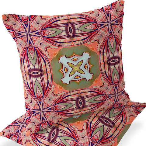 Set of Two 16" X 16" Green and Pink Blown Seam Floral Indoor Outdoor Throw Pillow