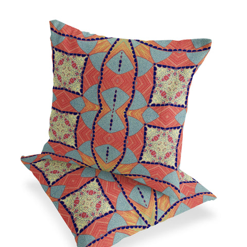 Set of Two 16" X 16" Blue and Orange Blown Seam Eclectic Indoor Outdoor Throw Pillow