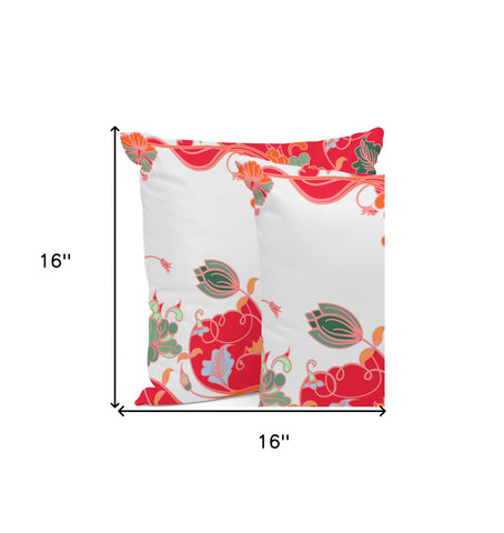 Set of Three 16" X 16" Red and White Botanical Indoor Outdoor Throw Pillow