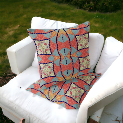 Set of Two 16" X 16" Blue and Orange Blown Seam Eclectic Indoor Outdoor Throw Pillow