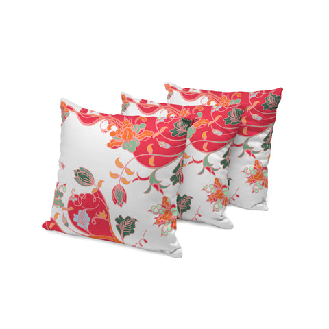 Set of Three 16" X 16" Red and White Botanical Indoor Outdoor Throw Pillow