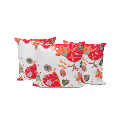 Set of Three 16" X 16" Red and White Botanical Indoor Outdoor Throw Pillow