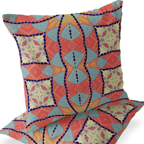 Set of Two 16" X 16" Blue and Orange Blown Seam Eclectic Indoor Outdoor Throw Pillow