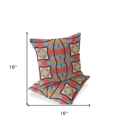 Set of Two 16" X 16" Blue and Orange Blown Seam Eclectic Indoor Outdoor Throw Pillow