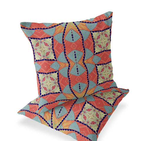 Set of Two 16" X 16" Blue and Orange Blown Seam Eclectic Indoor Outdoor Throw Pillow