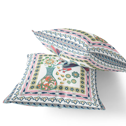 Set of Two 16" X 16" Pink and White Peacock Blown Seam Floral Indoor Outdoor Throw Pillow