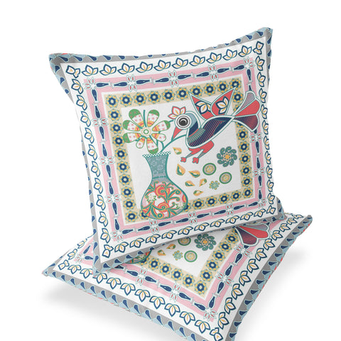 Set of Two 16" X 16" Pink and White Peacock Blown Seam Floral Indoor Outdoor Throw Pillow