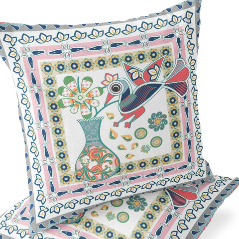 Set of Two 16" X 16" Pink and White Peacock Blown Seam Floral Indoor Outdoor Throw Pillow