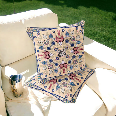 Set of Two 16" X 16" Beige and Blue Blown Seam Paisley Indoor Outdoor Throw Pillow