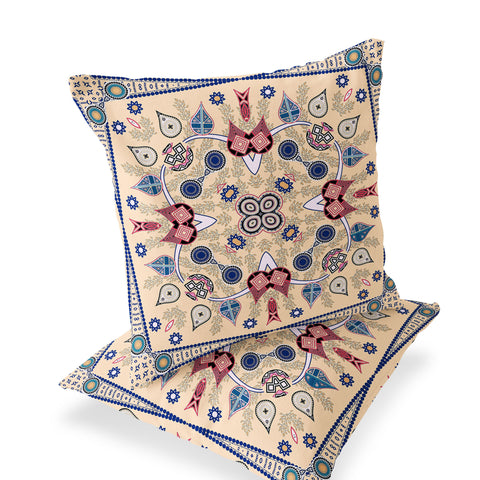 Set of Two 16" X 16" Beige and Blue Blown Seam Paisley Indoor Outdoor Throw Pillow