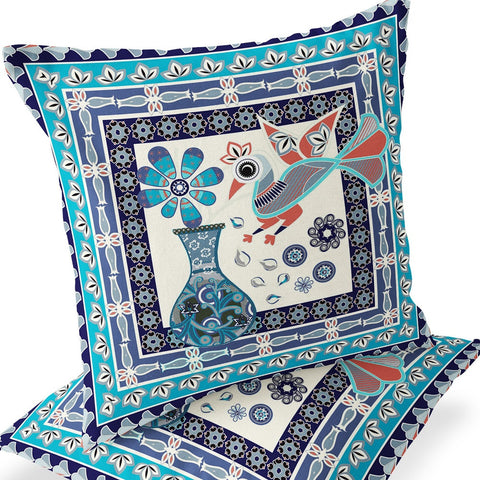 Set of Two 16" X 16" Blue and Off White Peacock Blown Seam Floral Indoor Outdoor Throw Pillow