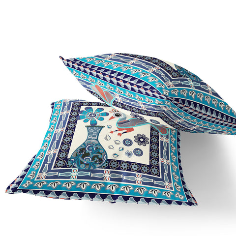 Set of Two 16" X 16" Blue and Off White Peacock Blown Seam Floral Indoor Outdoor Throw Pillow