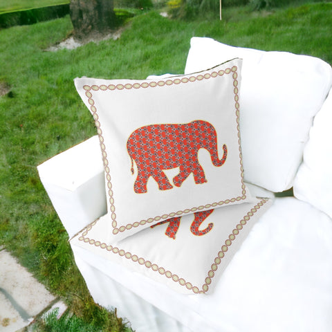 Set of Two 16" X 16" Orange and White Elephant Blown Seam Animal Print Indoor Outdoor Throw Pillow