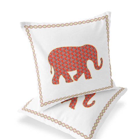 Set of Two 16" X 16" Orange and White Elephant Blown Seam Animal Print Indoor Outdoor Throw Pillow