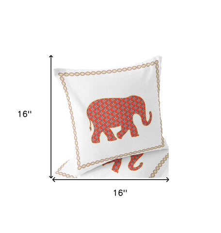 Set of Two 16" X 16" Orange and White Elephant Blown Seam Animal Print Indoor Outdoor Throw Pillow