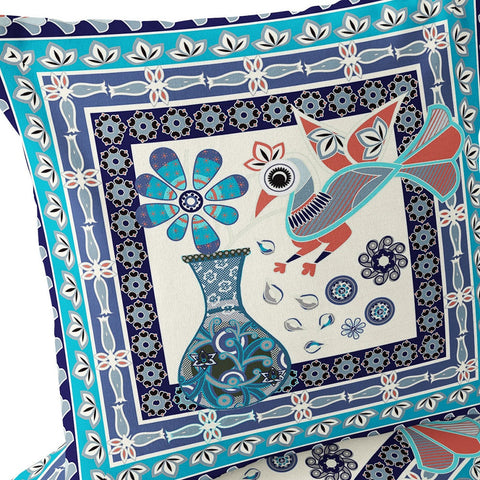 Set of Two 16" X 16" Blue and Off White Peacock Blown Seam Floral Indoor Outdoor Throw Pillow