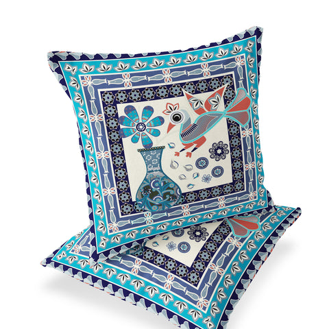 Set of Two 16" X 16" Blue and Off White Peacock Blown Seam Floral Indoor Outdoor Throw Pillow