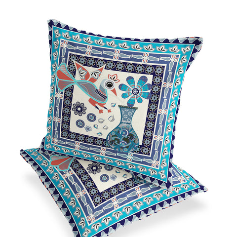 Set of Two 16" X 16" Blue and Off White Peacock Blown Seam Floral Indoor Outdoor Throw Pillow