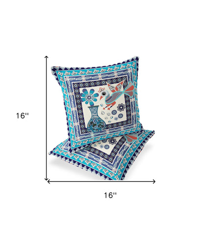 Set of Two 16" X 16" Blue and Off White Peacock Blown Seam Floral Indoor Outdoor Throw Pillow