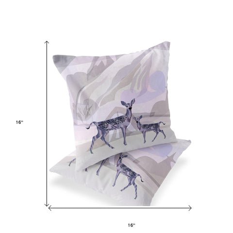 Set of Two 16" X 16" Beige and Purple Deer Abstract Indoor Outdoor Throw Pillow