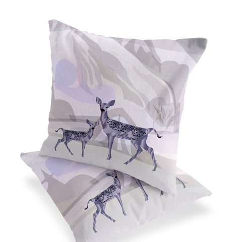 Set of Two 16" X 16" Beige and Purple Deer Abstract Indoor Outdoor Throw Pillow