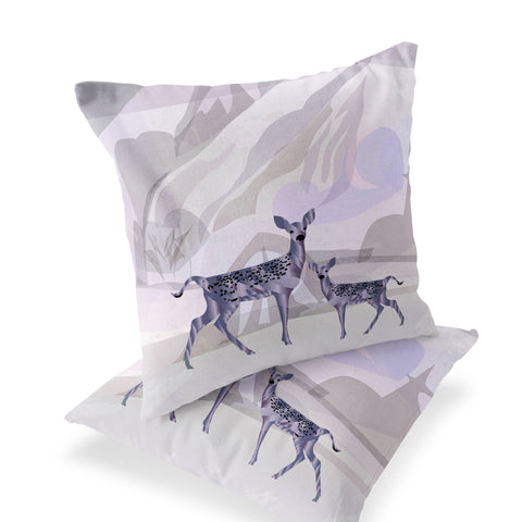 Set of Two 16" X 16" Beige and Purple Deer Abstract Indoor Outdoor Throw Pillow