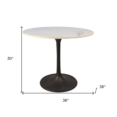 36" White and Black Rounded Marble and Iron Pedestal Base Dining Table