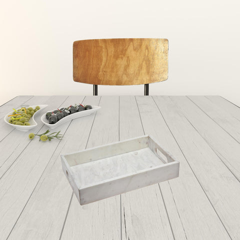 16" White Rectangular Marble Serving Tray With Handles