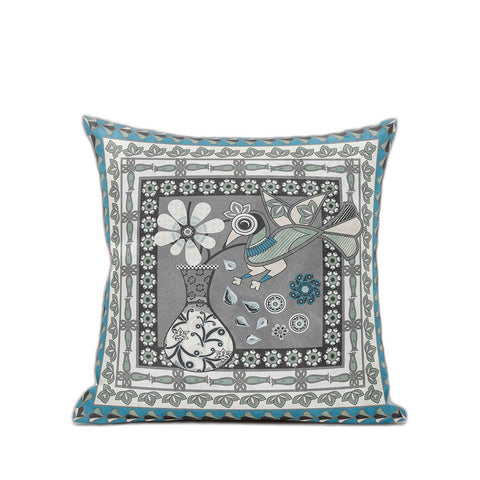 18" X 18" Black Gray and White Peacock Broadcloth Floral Zippered Pillow