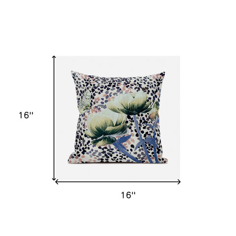 16" X 16" Blue and Black Butterfly Broadcloth Floral Zippered Pillow