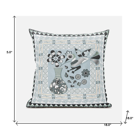 18" X 18" Blue and Black Peacock Broadcloth Floral Zippered Pillow