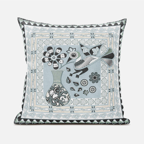 18" X 18" Blue and Black Peacock Broadcloth Floral Zippered Pillow