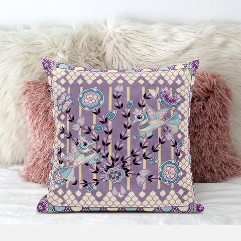 20" X 20" Blue and Purple Peacock Broadcloth Floral Zippered Pillow