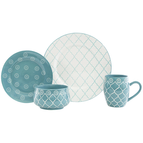 Turquoise Sixteen Piece Round Trellis Ceramic Service For Four Dinnerware Set