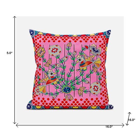 16" X 16" Red and Pink Peacock Broadcloth Floral Zippered Pillow