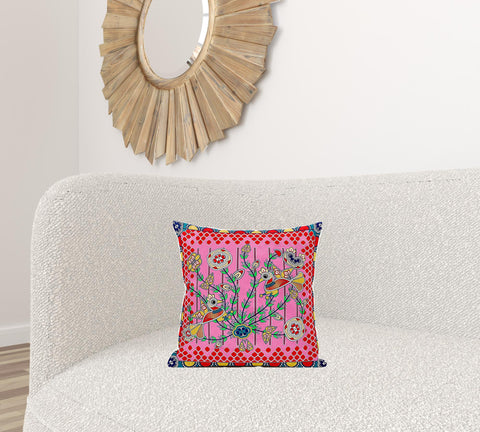 16" X 16" Red and Pink Peacock Broadcloth Floral Zippered Pillow