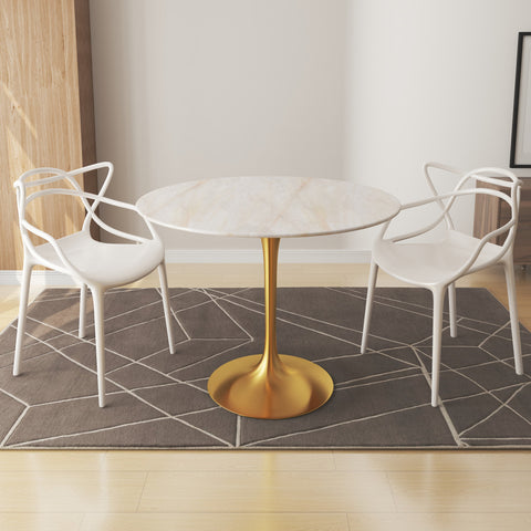 40" White And Gold Marble And Metal Dining Table