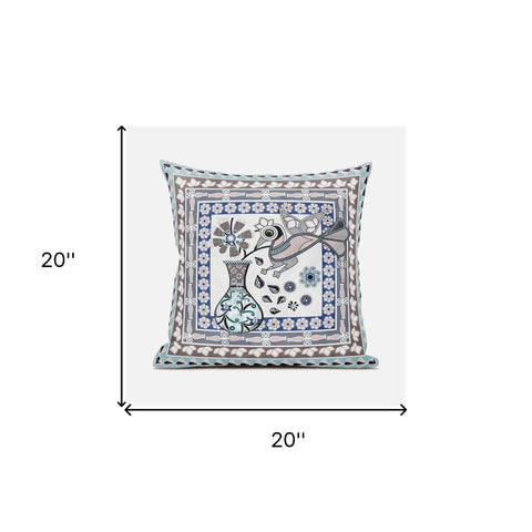 20" X 20" Blue and Beige Peacock Broadcloth Floral Zippered Pillow