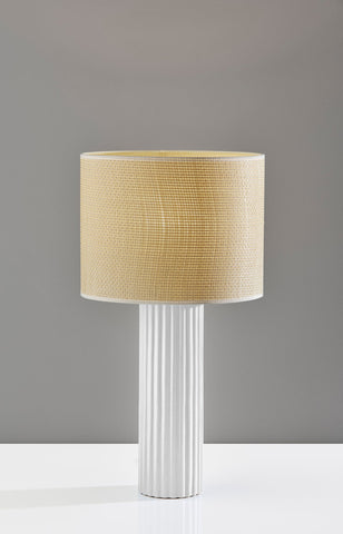 24" White Ceramic Cylinder Table Lamp With Beige Drum Shade