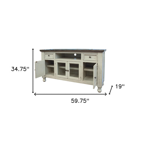 60" Ivory Solid Wood Open shelving Distressed TV Stand