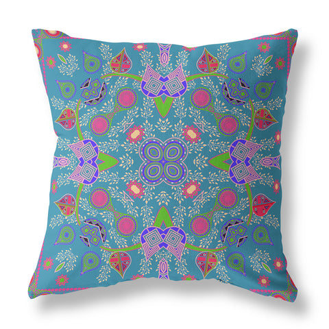 16" x 16" Blue and Green Blown Seam Paisley Indoor Outdoor Throw Pillow