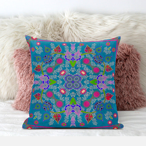 16" x 16" Blue and Green Blown Seam Paisley Indoor Outdoor Throw Pillow