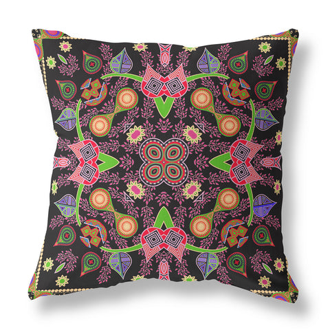 28" x 28" Black and Pink Blown Seam Paisley Indoor Outdoor Throw Pillow