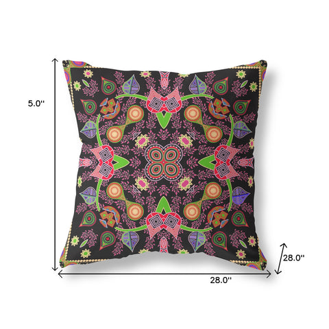 28" x 28" Black and Pink Blown Seam Paisley Indoor Outdoor Throw Pillow