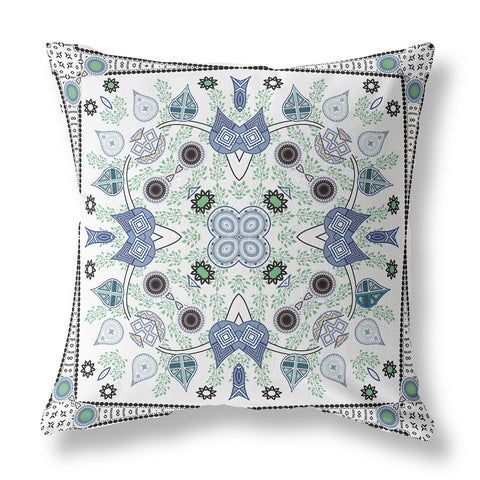 18" x 18" Blue and Off White Blown Seam Paisley Indoor Outdoor Throw Pillow