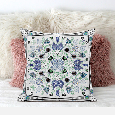 18" x 18" Blue and Off White Blown Seam Paisley Indoor Outdoor Throw Pillow