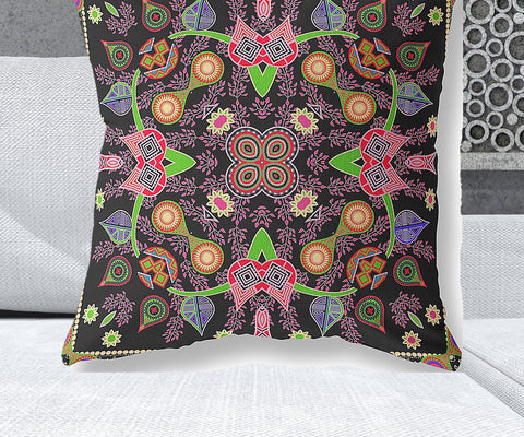 28" x 28" Black and Pink Blown Seam Paisley Indoor Outdoor Throw Pillow