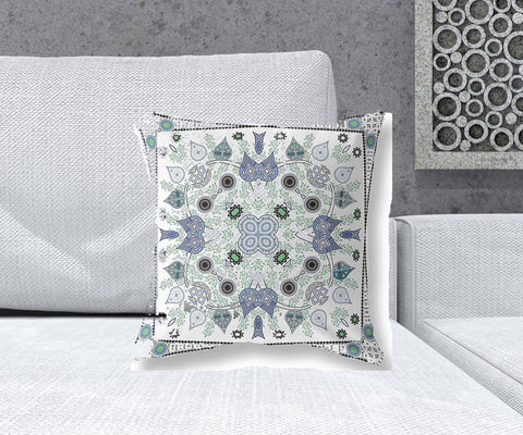 18" x 18" Blue and Off White Blown Seam Paisley Indoor Outdoor Throw Pillow