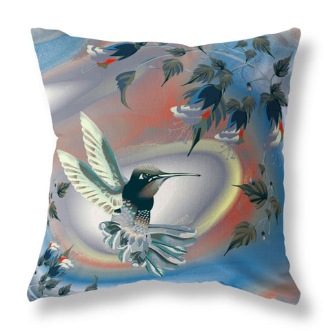 20" X 20" Blue and Gray Bird Blown Seam Floral Indoor Outdoor Throw Pillow